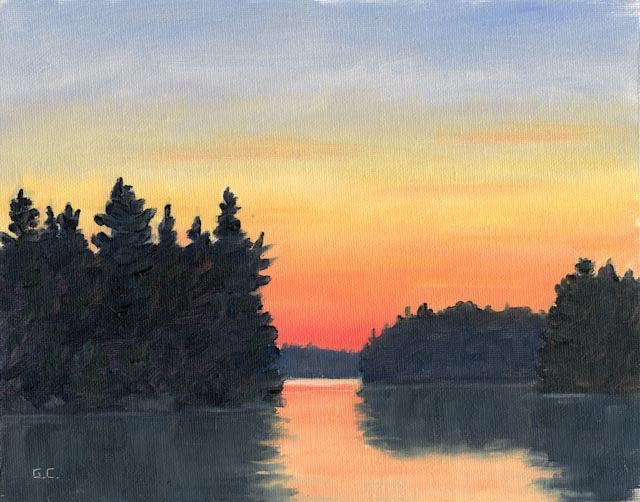 Fire Red Sunset Lake Cauchon Oil on Canvas 