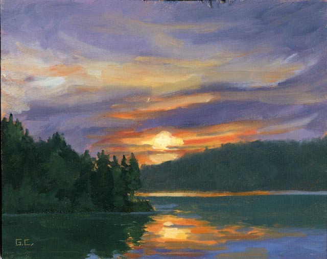 Sunset Lake Cauchon on Wood Panel